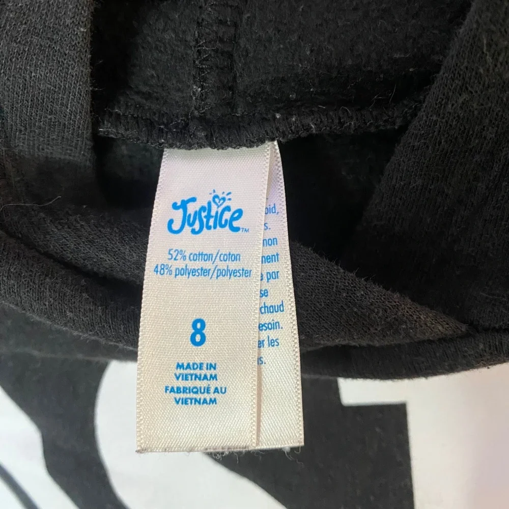 Justice Cropped Hoodie Girls Size 8 Black Logo Pullover Sweatshirt Activewear